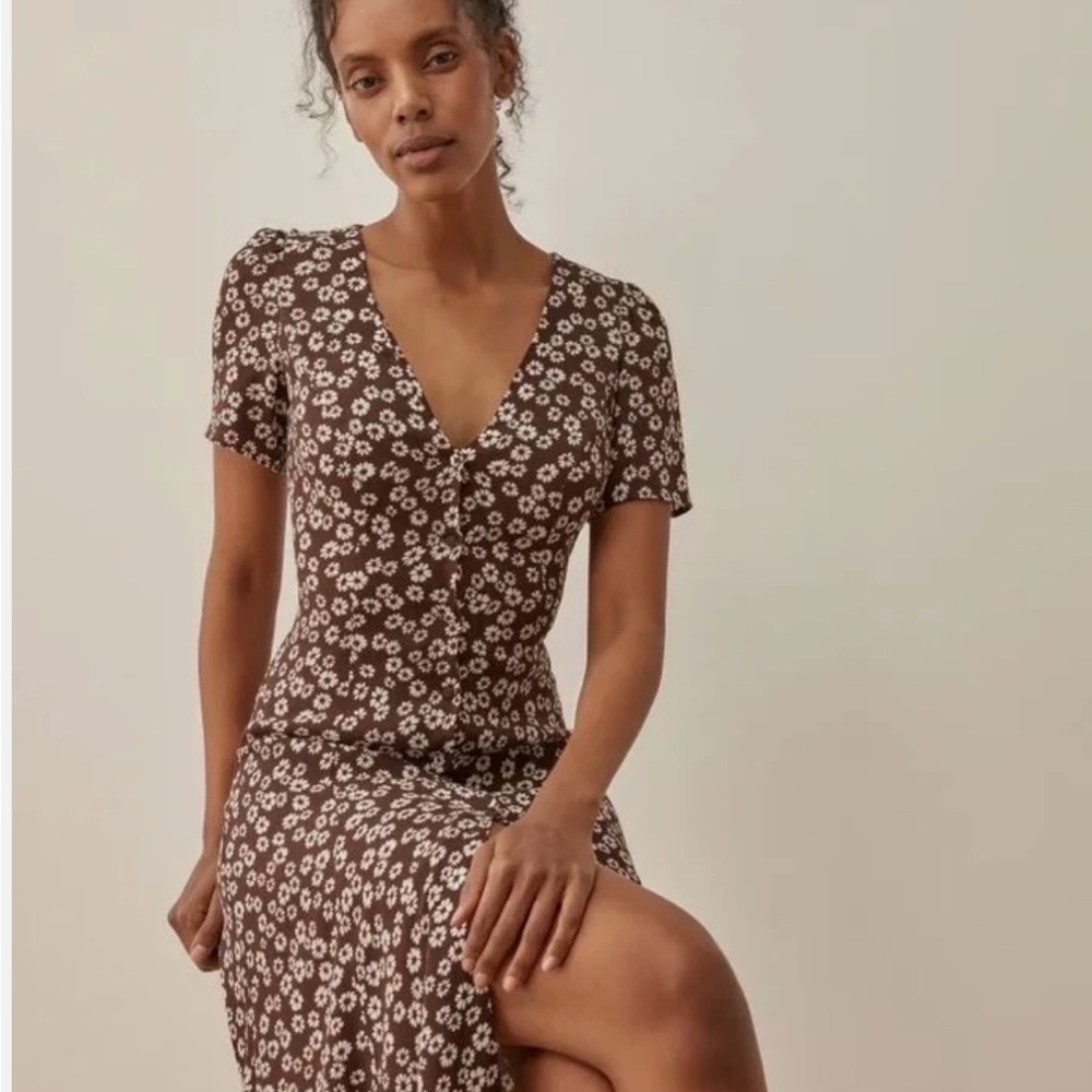Reformation brown and white floral button down dress size 2